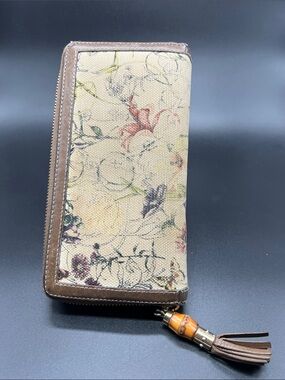 Gucci Floral Print Zip Around Wallet Canvas Leather Italy Authentic Vintage